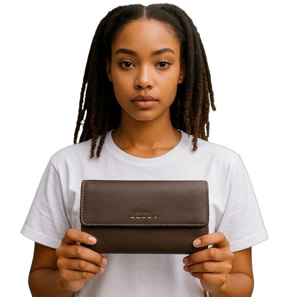 Fossil Leather Envelope Wallet Checkbook Clutch Trifold Billfold Carryall Brown - Picture 13 of 13